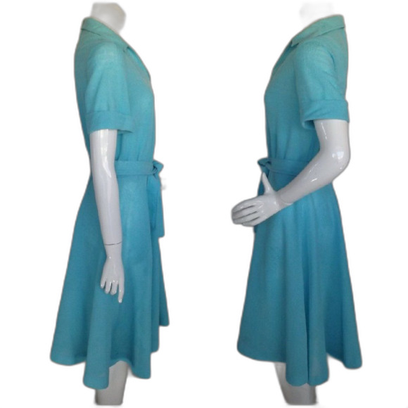 KAY WINSOR Day Dress, L, Aqua Blue, Short sleeves, Dagger collar, VINTAGE - Picture 9 of 13